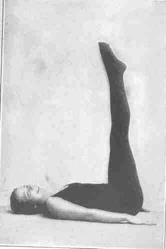 Lying on the back with arms at sides, raising the legs to perpendicular pisition
